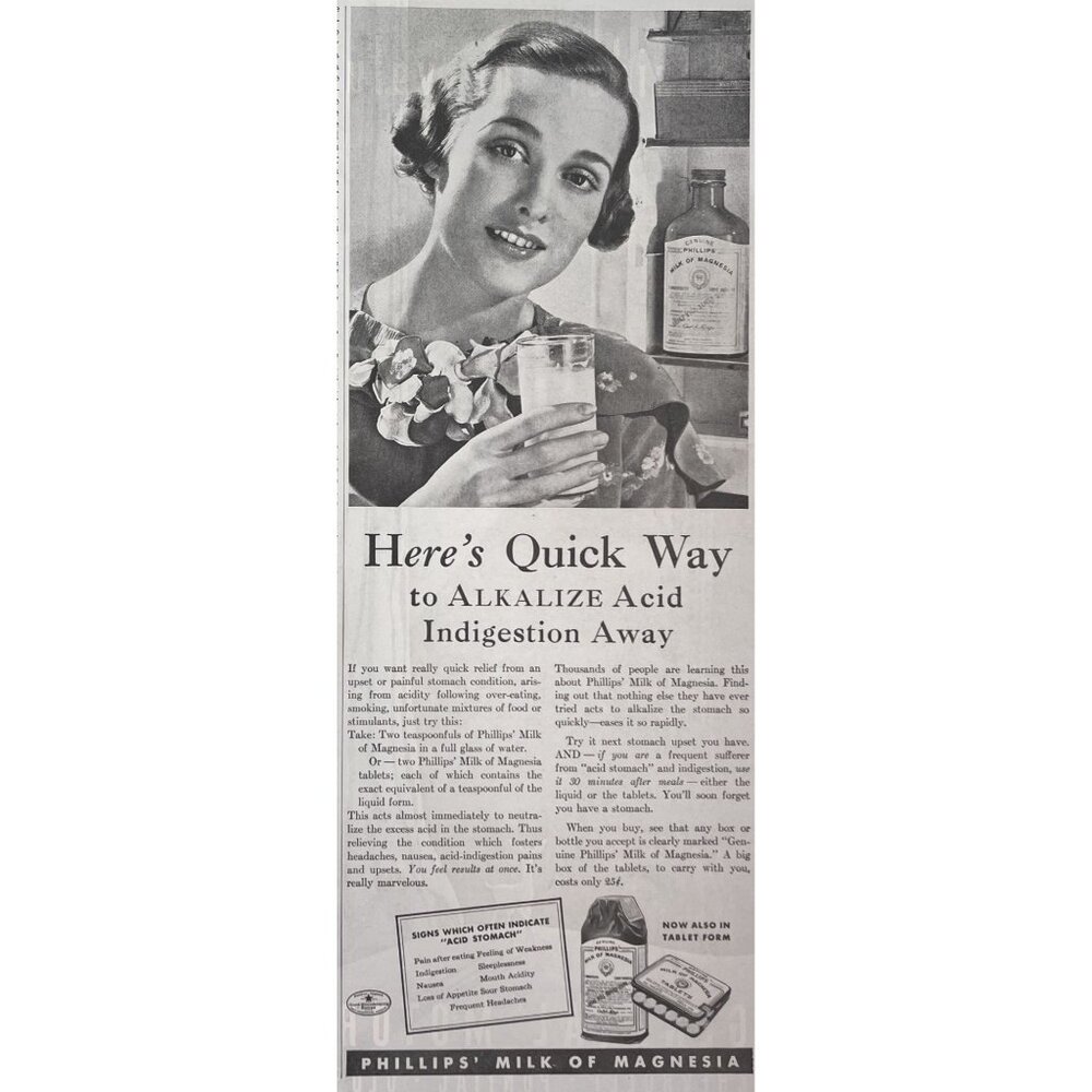 Phillips Milk Of Magnesia Acid  Vintage Print Ad 1936 New York NY u Original